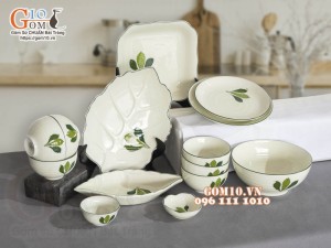 Bộ đồ ăn men kem vẽ Ngò gai, 14 chi tiết