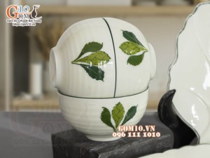 Bộ đồ ăn men kem vẽ Ngò gai, 14 chi tiết