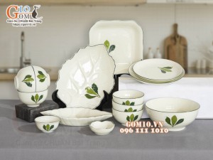 Bộ đồ ăn men kem vẽ Ngò gai, 14 chi tiết