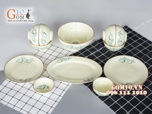 Bộ đồ ăn men kem vẽ sen xanh chỉ nâu