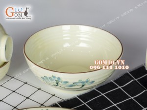 Bộ đồ ăn men kem vẽ sen xanh chỉ nâu