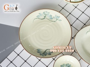 Bộ đồ ăn men kem vẽ sen xanh chỉ nâu