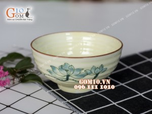 Bộ đồ ăn men kem vẽ sen xanh chỉ nâu