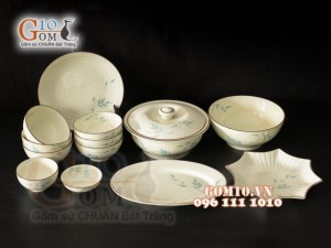 Bộ đồ ăn men kem vẽ Trúc xanh, 13 chi tiết