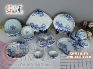 Bộ đồ ăn men lam cổ vẽ hoa Sen dây, đầy đủ