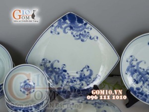 Bộ đồ ăn men lam cổ vẽ hoa Sen dây, đầy đủ