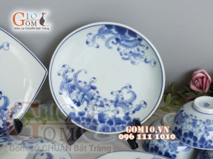 Bộ đồ ăn men lam cổ vẽ hoa Sen dây, đầy đủ