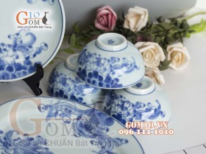 Bộ đồ ăn men lam cổ vẽ hoa Sen dây, đầy đủ