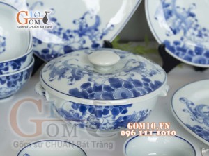 Bộ đồ ăn men lam cổ vẽ hoa Sen dây, đầy đủ