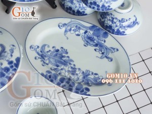 Bộ đồ ăn men lam cổ vẽ hoa Sen dây, đầy đủ