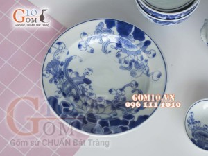 Bộ đồ ăn men lam cổ vẽ hoa Sen dây, đầy đủ