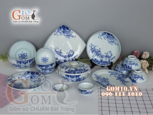 Bộ đồ ăn men lam cổ vẽ hoa Sen dây, đầy đủ