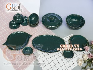 Bộ đồ ăn men màu kẻ chỉ vàng kim 002