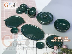 Bộ đồ ăn men màu kẻ chỉ vàng kim 002