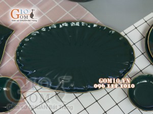 Bộ đồ ăn men màu kẻ chỉ vàng kim 002