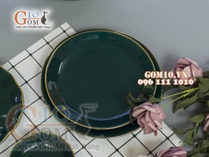 Bộ đồ ăn men màu kẻ chỉ vàng kim 002