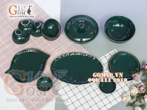 Bộ đồ ăn men màu kẻ chỉ vàng kim 002