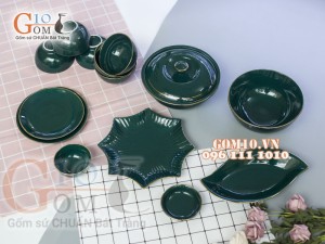 Bộ đồ ăn men màu kẻ chỉ vàng kim 003