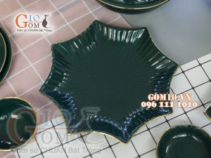 Bộ đồ ăn men màu kẻ chỉ vàng kim 003