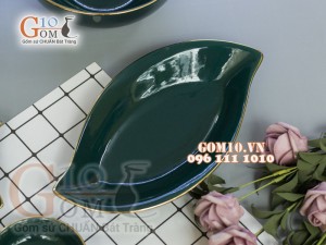 Bộ đồ ăn men màu kẻ chỉ vàng kim 003