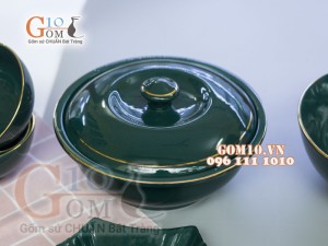 Bộ đồ ăn men màu kẻ chỉ vàng kim 003