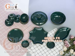Bộ đồ ăn men màu kẻ chỉ vàng kim 003