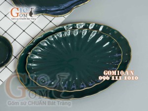 Bộ đồ ăn men màu kẻ chỉ vàng kim, đầy đủ