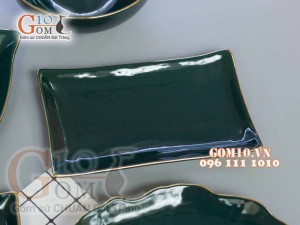 Bộ đồ ăn men màu kẻ chỉ vàng kim, đầy đủ