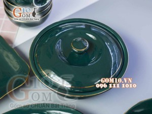 Bộ đồ ăn men màu kẻ chỉ vàng kim, đầy đủ