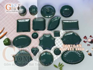 Bộ đồ ăn men màu kẻ chỉ vàng kim, đầy đủ