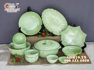 Bộ đồ ăn men ngọc chỉ xanh, 14 chi tiết