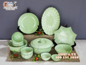 Bộ đồ ăn men ngọc chỉ xanh, 14 chi tiết
