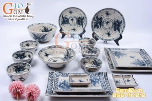 Bộ đồ ăn men rạn cổ, họa tiết chuồn chuồn lá khoai