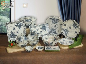 Bộ đồ ăn men rạn cổ họa tiết chuồn khoai, 16 chi tiết