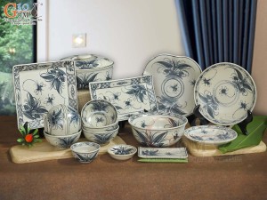 Bộ đồ ăn men rạn cổ họa tiết chuồn khoai, 16 chi tiết