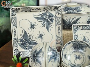 Bộ đồ ăn men rạn cổ họa tiết chuồn khoai, 16 chi tiết