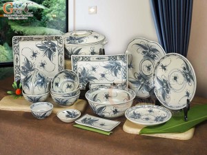 Bộ đồ ăn men rạn cổ họa tiết chuồn khoai, 16 chi tiết