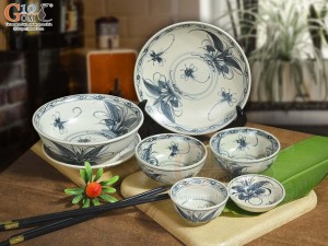 Bộ đồ ăn men rạn cổ họa tiết chuồn khoai, 7 chi tiết