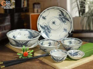 Bộ đồ ăn men rạn cổ họa tiết chuồn khoai, 7 chi tiết