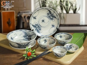 Bộ đồ ăn men rạn cổ họa tiết chuồn khoai, 7 chi tiết