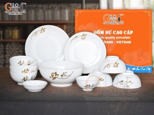 Bộ đồ ăn men trắng hoa Sen kẻ viền vàng 24k, 11 chi tiết