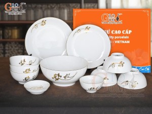 Bộ đồ ăn men trắng hoa Sen kẻ viền vàng 24k, 11 chi tiết