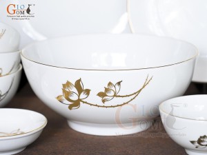 Bộ đồ ăn men trắng hoa Sen kẻ viền vàng 24k, 11 chi tiết