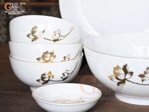 Bộ đồ ăn men trắng hoa Sen kẻ viền vàng 24k, 11 chi tiết