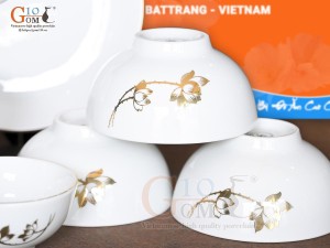 Bộ đồ ăn men trắng hoa Sen kẻ viền vàng 24k, 11 chi tiết