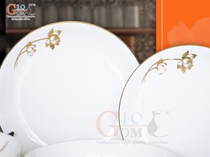Bộ đồ ăn men trắng hoa Sen kẻ viền vàng 24k, 11 chi tiết