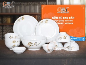 Bộ đồ ăn men trắng hoa Sen kẻ viền vàng 24k, 11 chi tiết