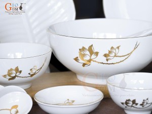 Bộ đồ ăn men trắng hoa Sen kẻ viền vàng 24k, 17 chi tiết