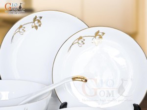 Bộ đồ ăn men trắng hoa Sen kẻ viền vàng 24k, 17 chi tiết