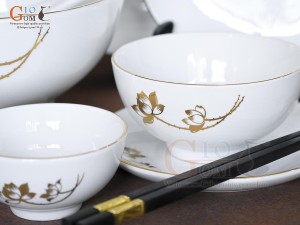 Bộ đồ ăn men trắng hoa Sen kẻ viền vàng 24k, 17 chi tiết
